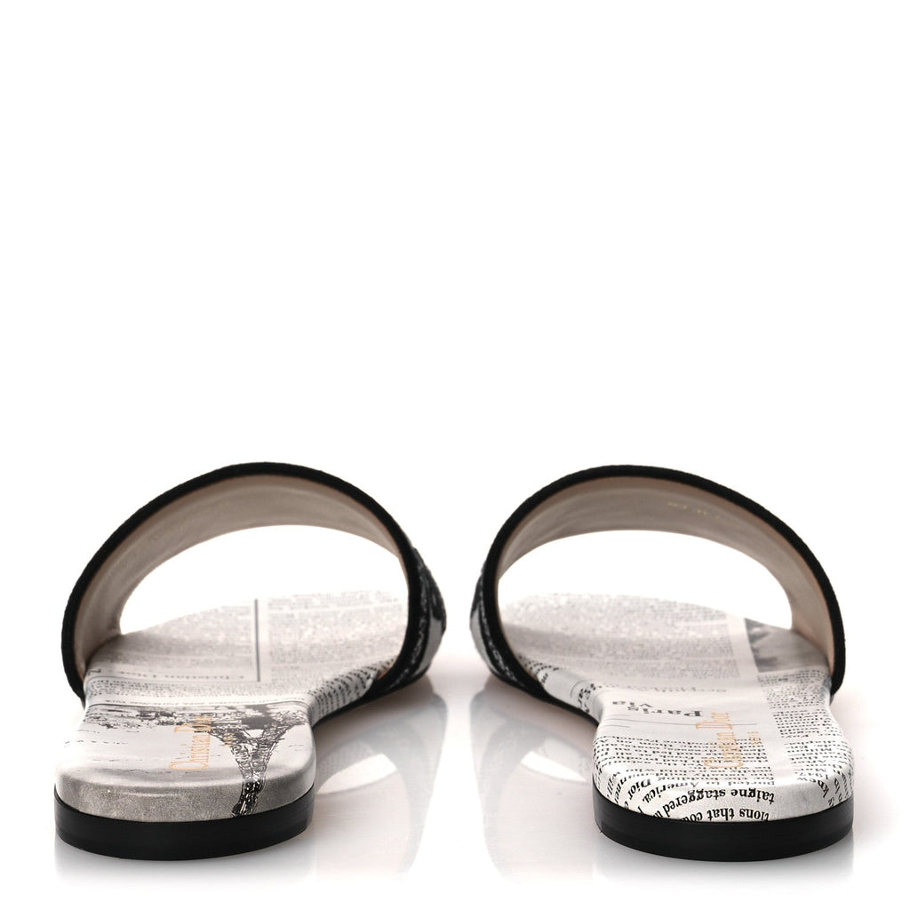 CALFSKIN NEWSPAPER PRINTED EMBROIDERED DWAY FLAT SLIDE SANDALS WHITE
