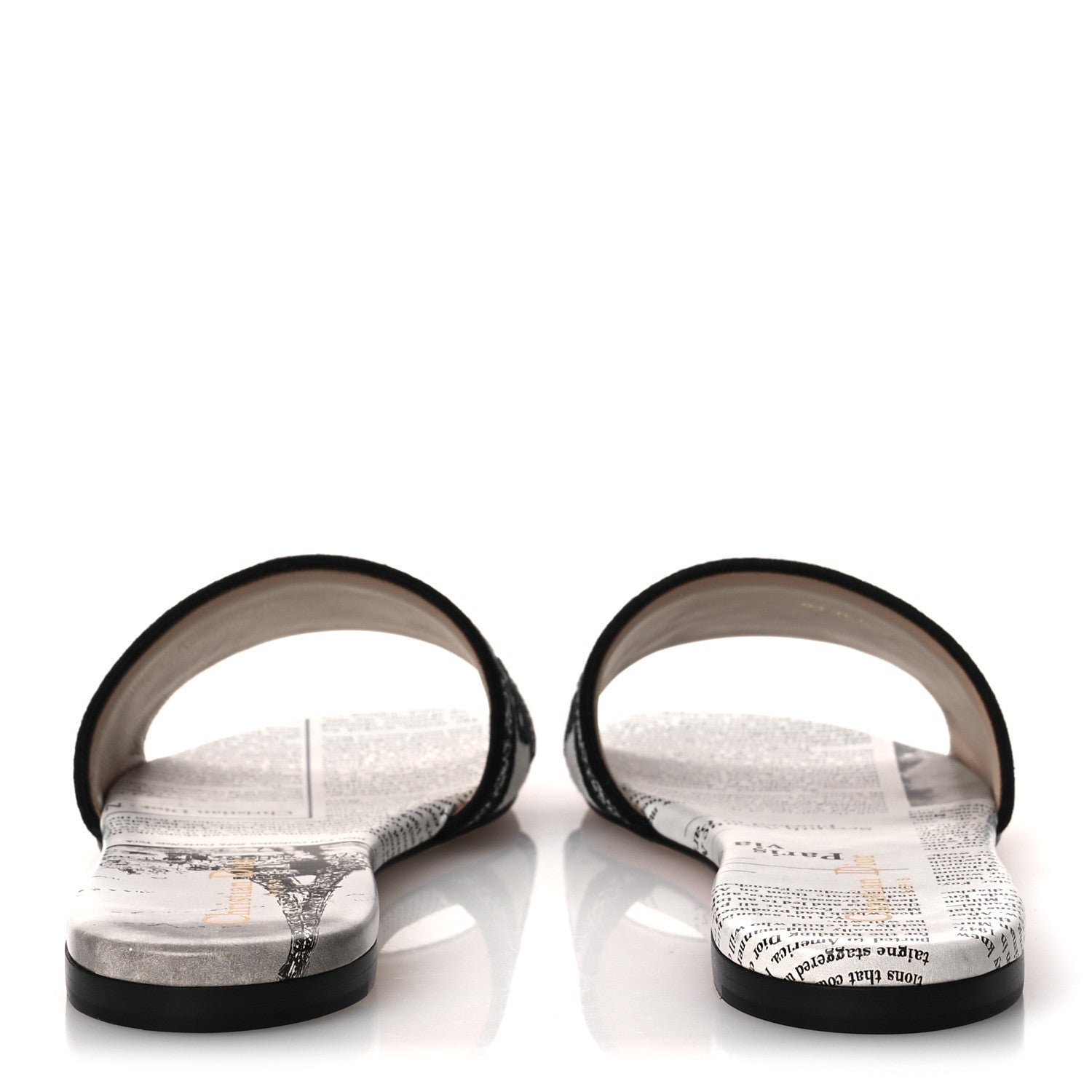CALFSKIN NEWSPAPER PRINTED EMBROIDERED DWAY FLAT SLIDE SANDALS WHITE