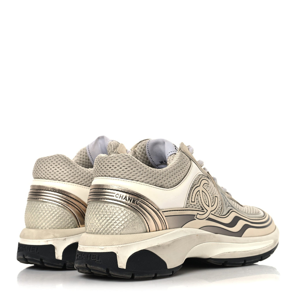 FABRIC LAMINATED CALFSKIN STRETCH CC WOMENS SNEAKERS IVORY WHITE SILVER