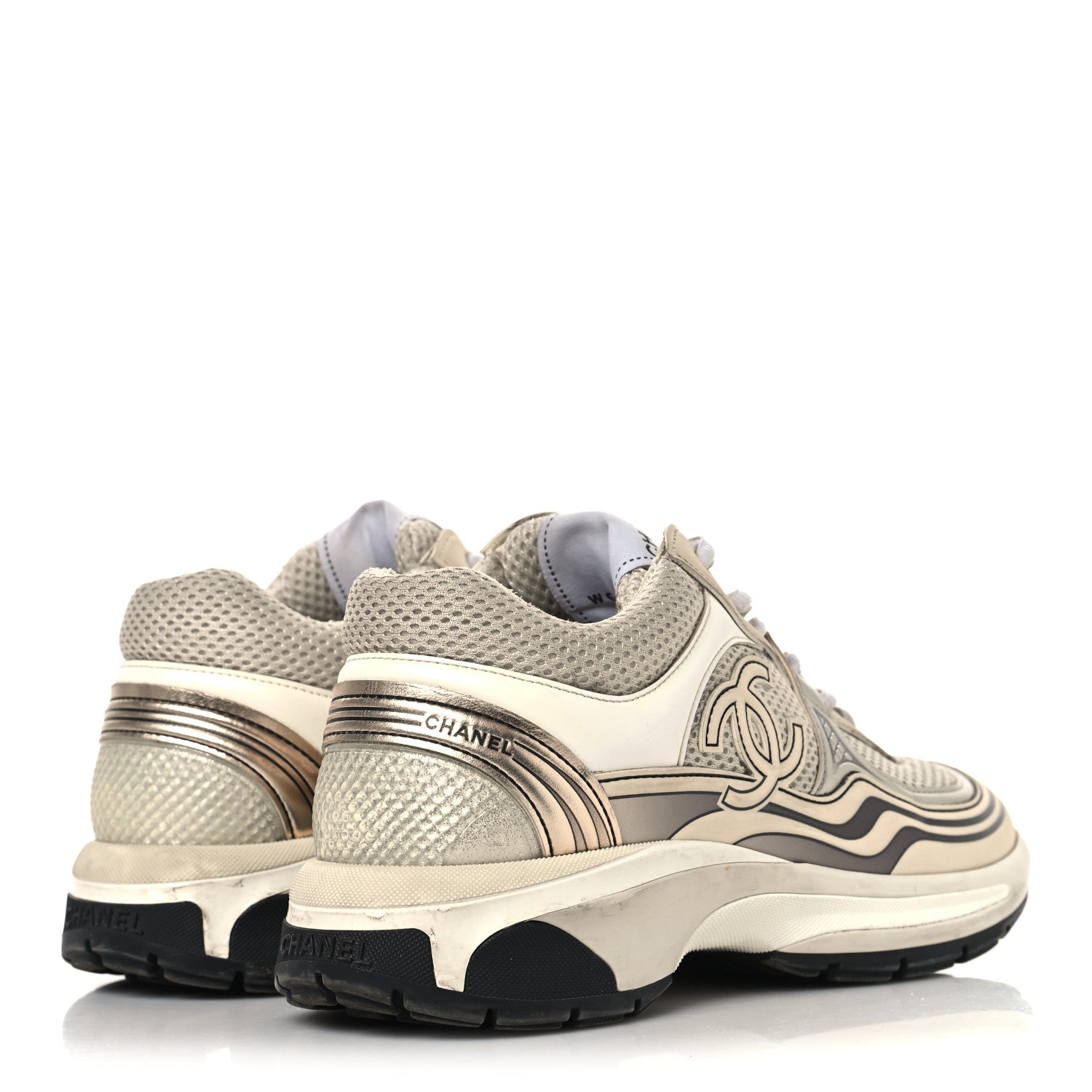 FABRIC LAMINATED CALFSKIN STRETCH CC WOMENS SNEAKERS IVORY WHITE SILVER