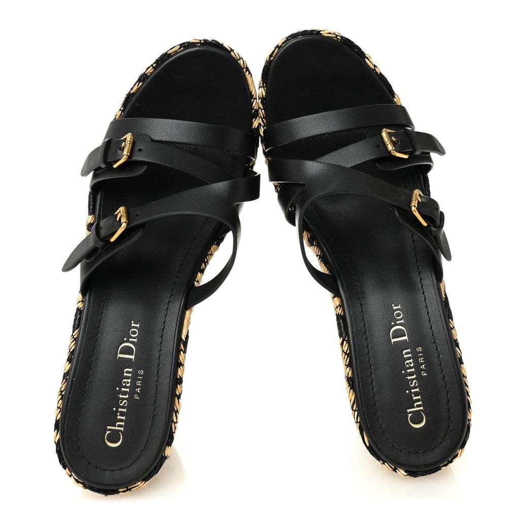 RAFFIA CALFSKIN L'AMAZONE WEDGE SANDALS BLACK NATURAL