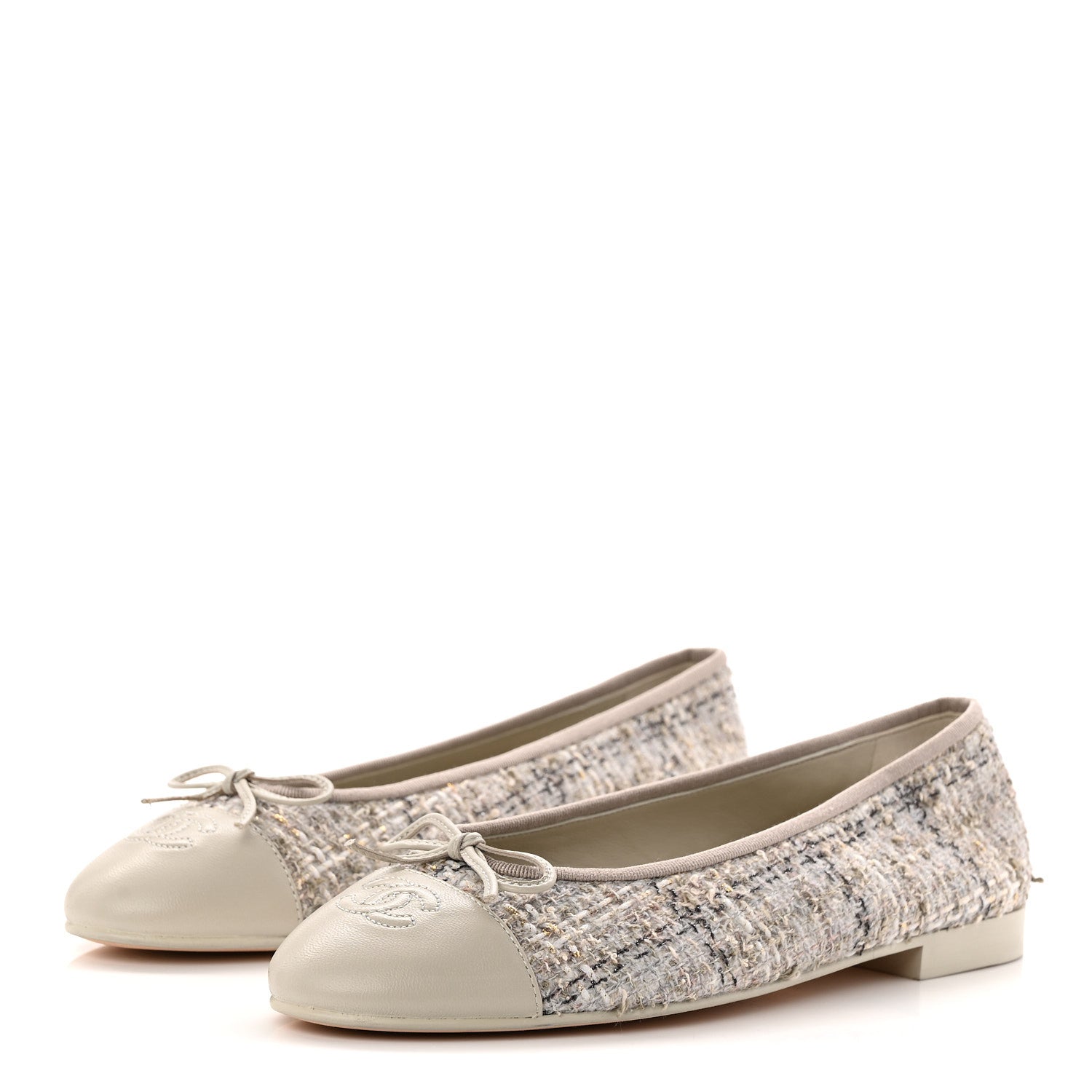 TWEED LAMBSKIN CAP TOE BALLERINA FLATS GREY MULTICOLOR