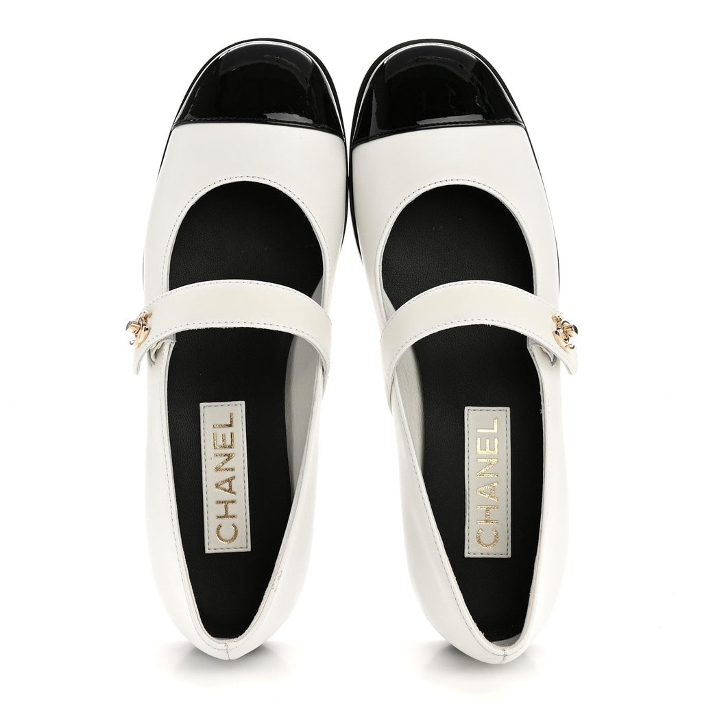 CALFSKIN PATENT MARY JANES FLATS WHITE BLACK
