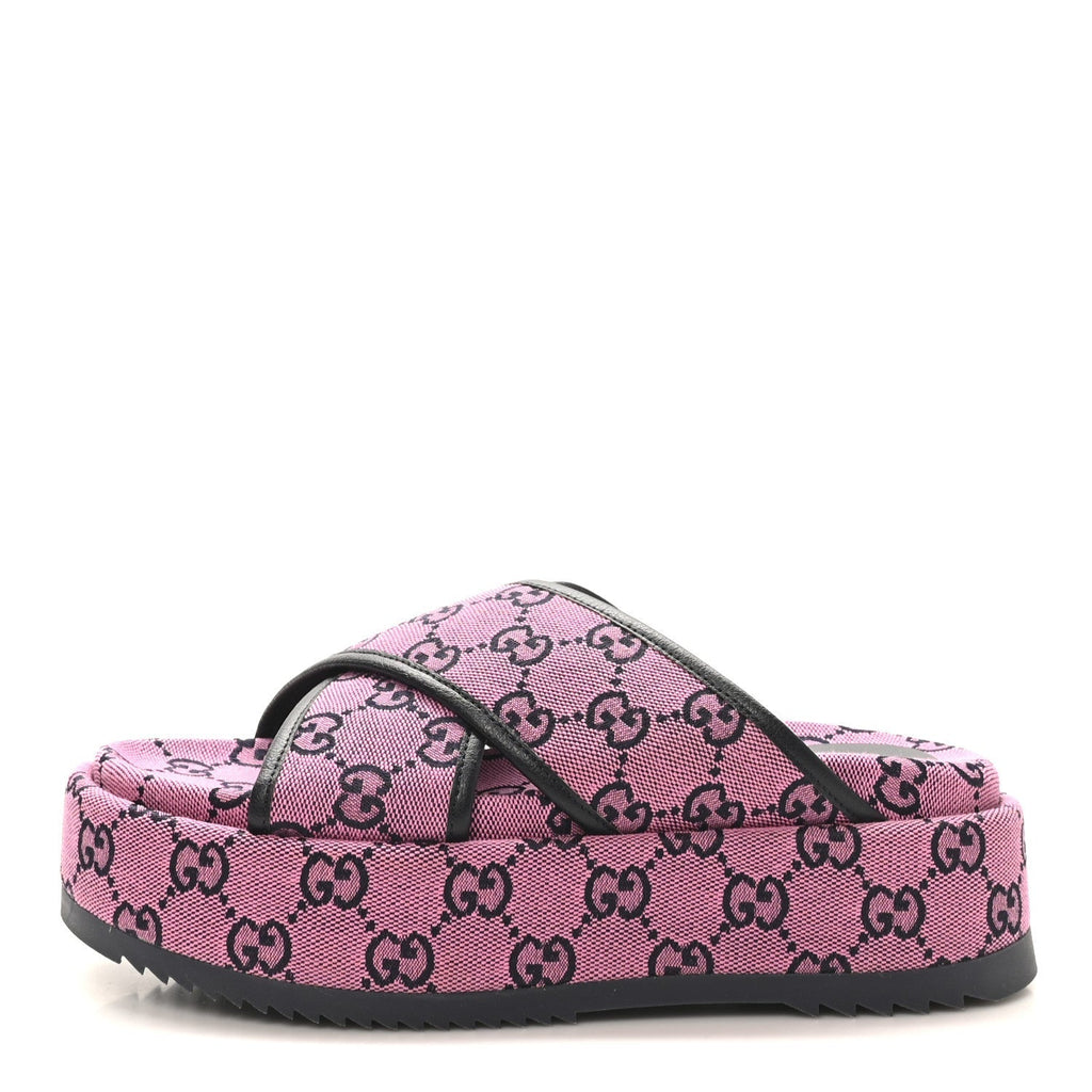 MONOGRAM MULTICOLOR CRISS CROSS PLATFORM SLIDE SANDALS PINK BLUE