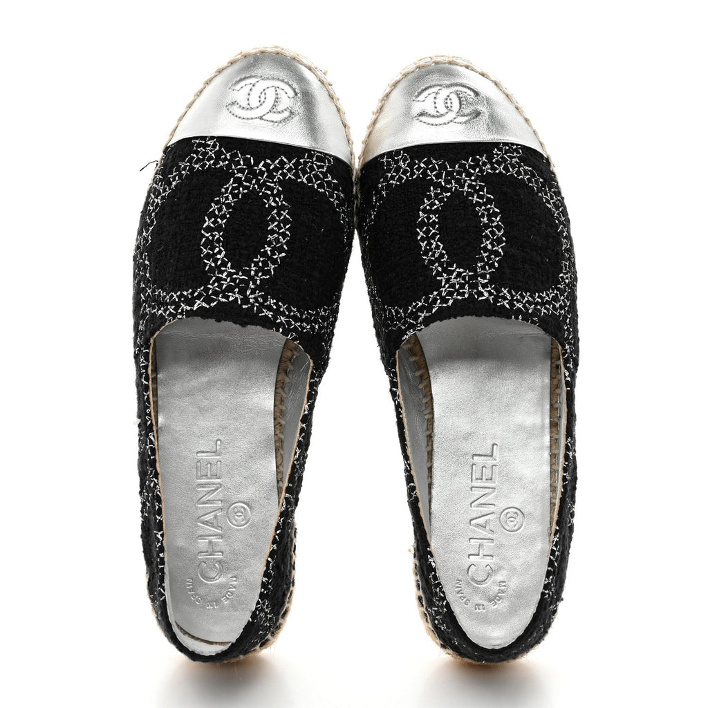 METALLIC TWEED LAMBSKIN CC ESPADRILLES BLACK SILVER