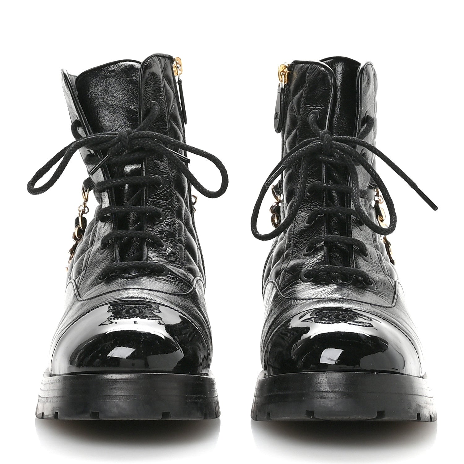 SHINY CALFSKIN PATENT QUILTED CHAIN LACE UP COMBAT BOOTS BLACK