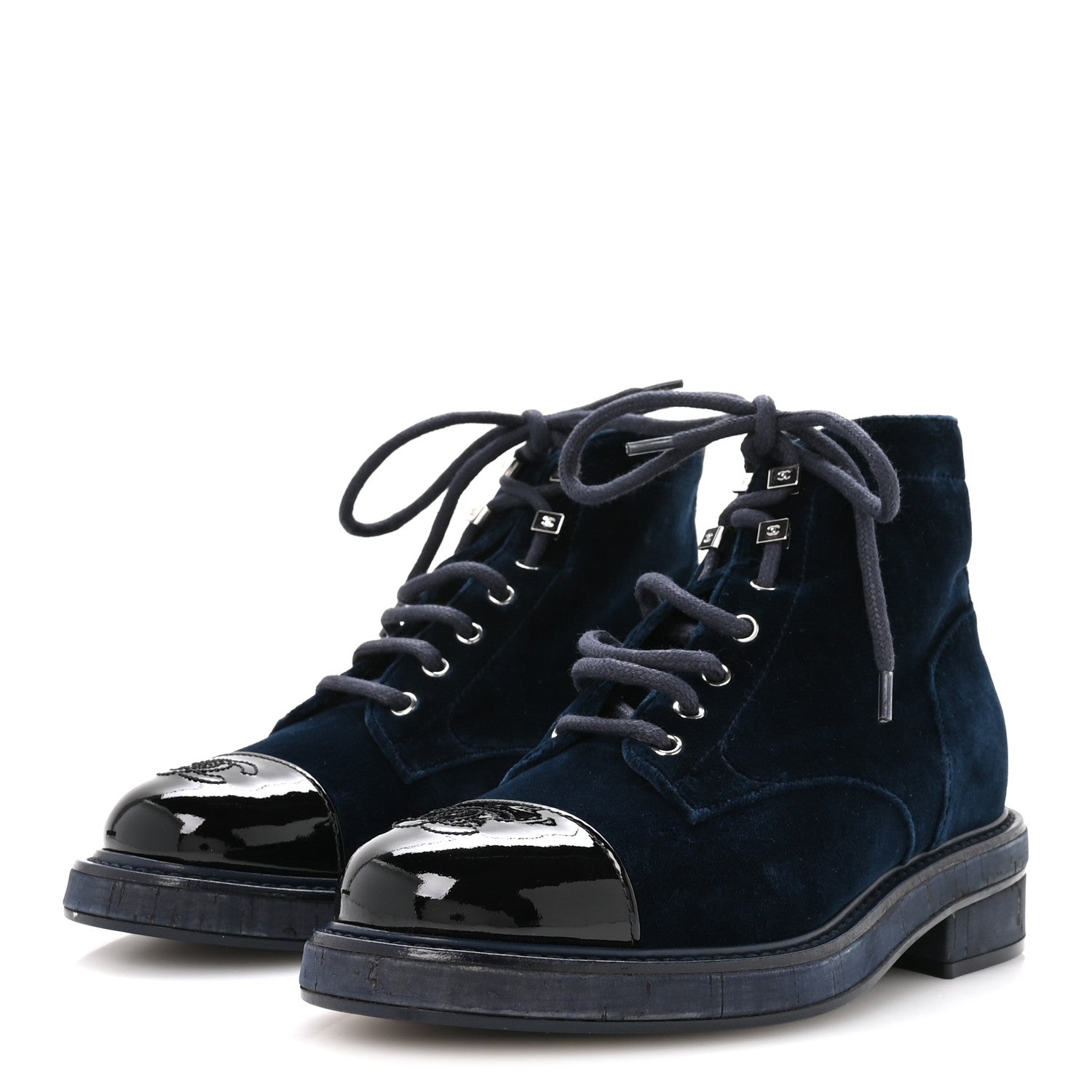 VELVET PATENT CALFSKIN LACE UP COMBAT BOOTS BLUE BLACK