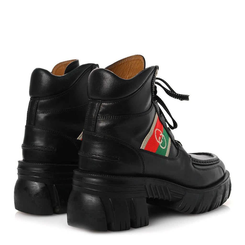 QUEBEC CALFSKIN WEB WOMENS INTERLOCKING G LACE UP COMBAT BOOTS BLACK MYSTIC WHITE GREEN RED