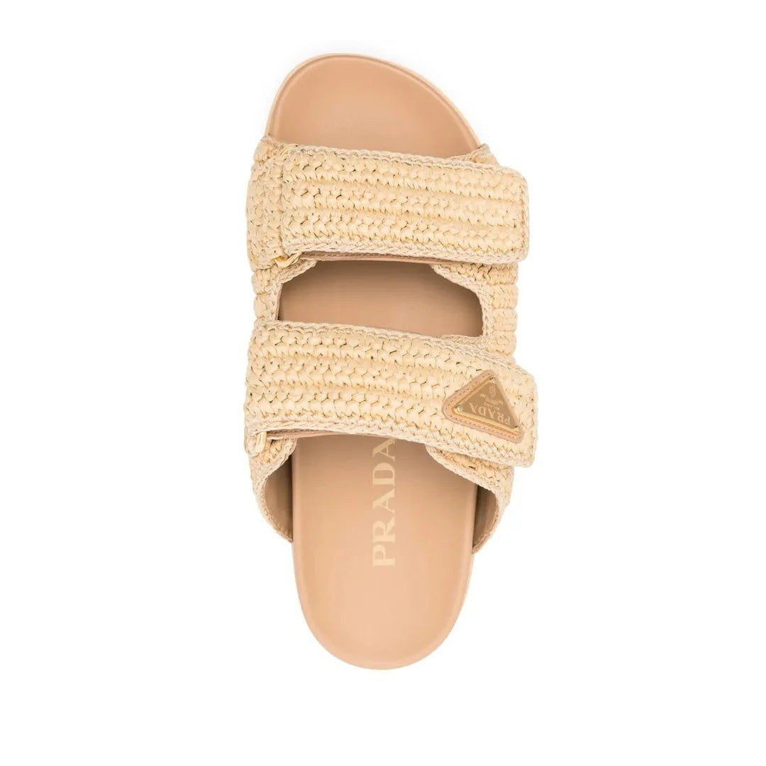 Prada Nappa Metal Triangle Logo Flat Slide Sandals Travertino - Beige/Natural Raffia
