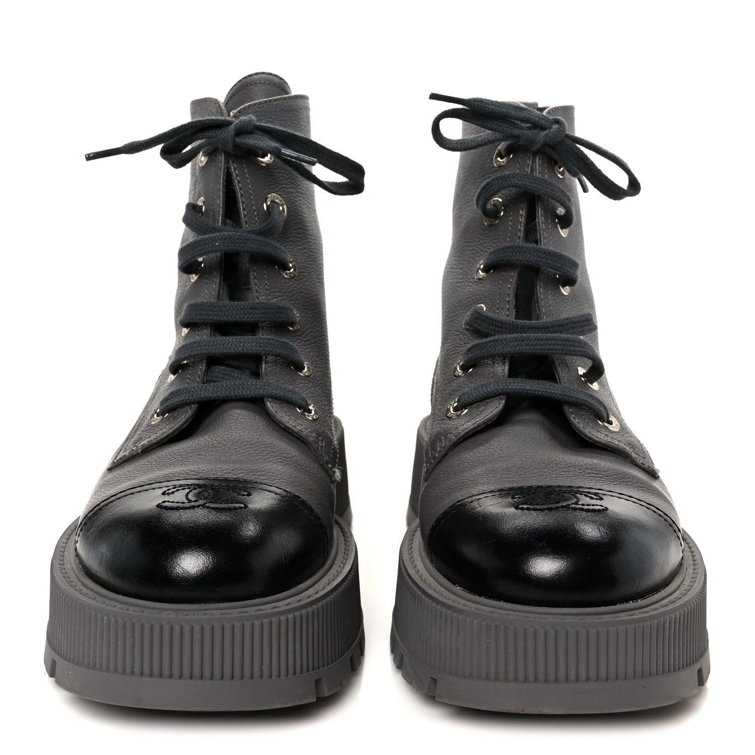 GRAINED CALFSKIN SHINY CALFSKIN CC LACE UP COMBAT BOOTS GRAY BLACK