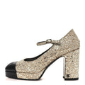 GLITTER LAMBSKIN CAP TOE CC MARY JANE PUMPS LIGHT GOLD BLACK