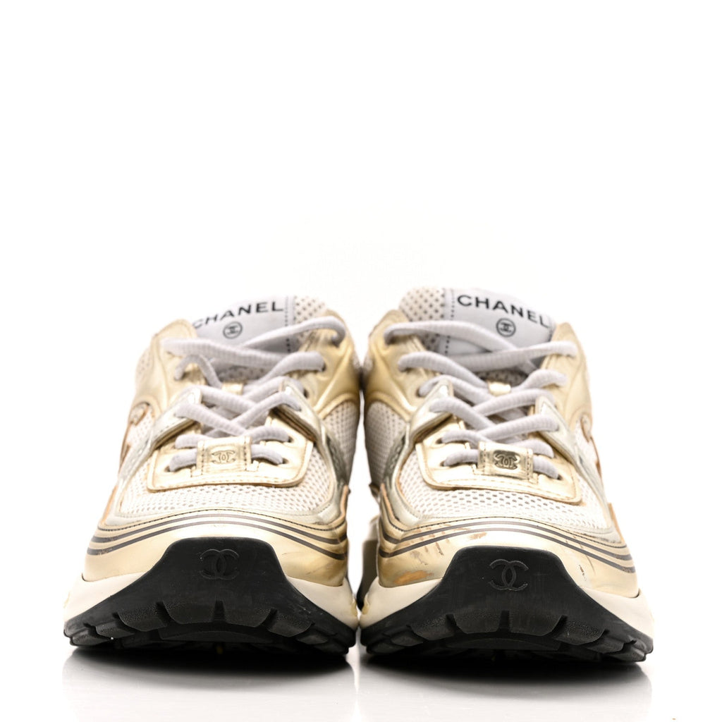 FABRIC LAMINATED CALFSKIN STRETCH CC SNEAKERS WHITE GOLD SILVER