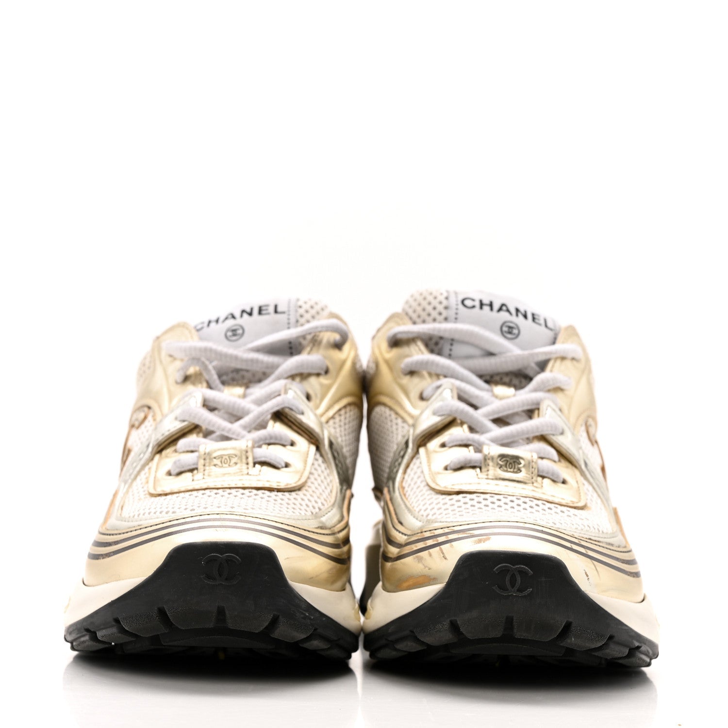 FABRIC LAMINATED CALFSKIN STRETCH CC SNEAKERS WHITE GOLD SILVER