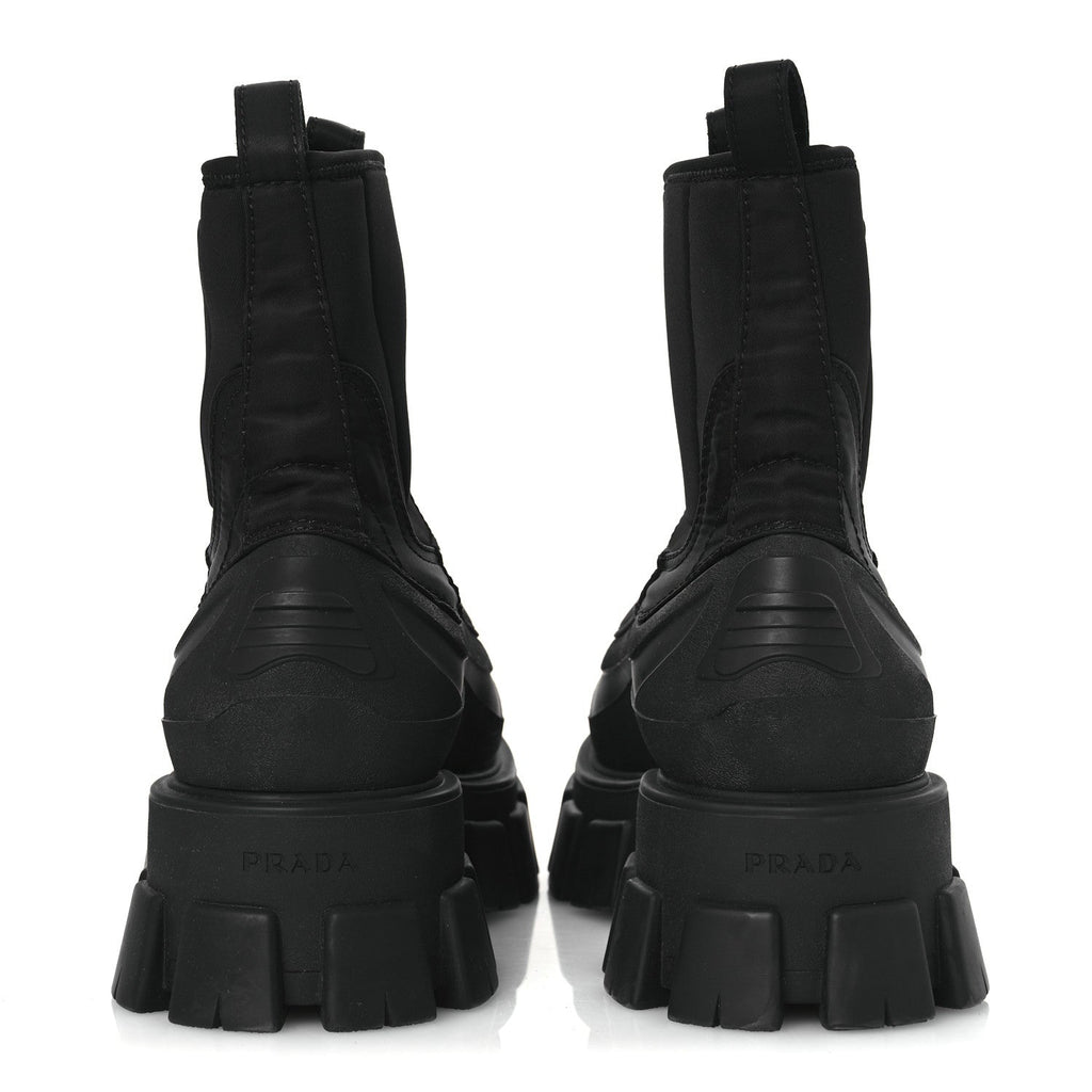 RE-NYLON GABARDINE RUBBER TRIANGLE LOGO WOMENS MONOLITH 55MM ANKLE BOOTS BLACK