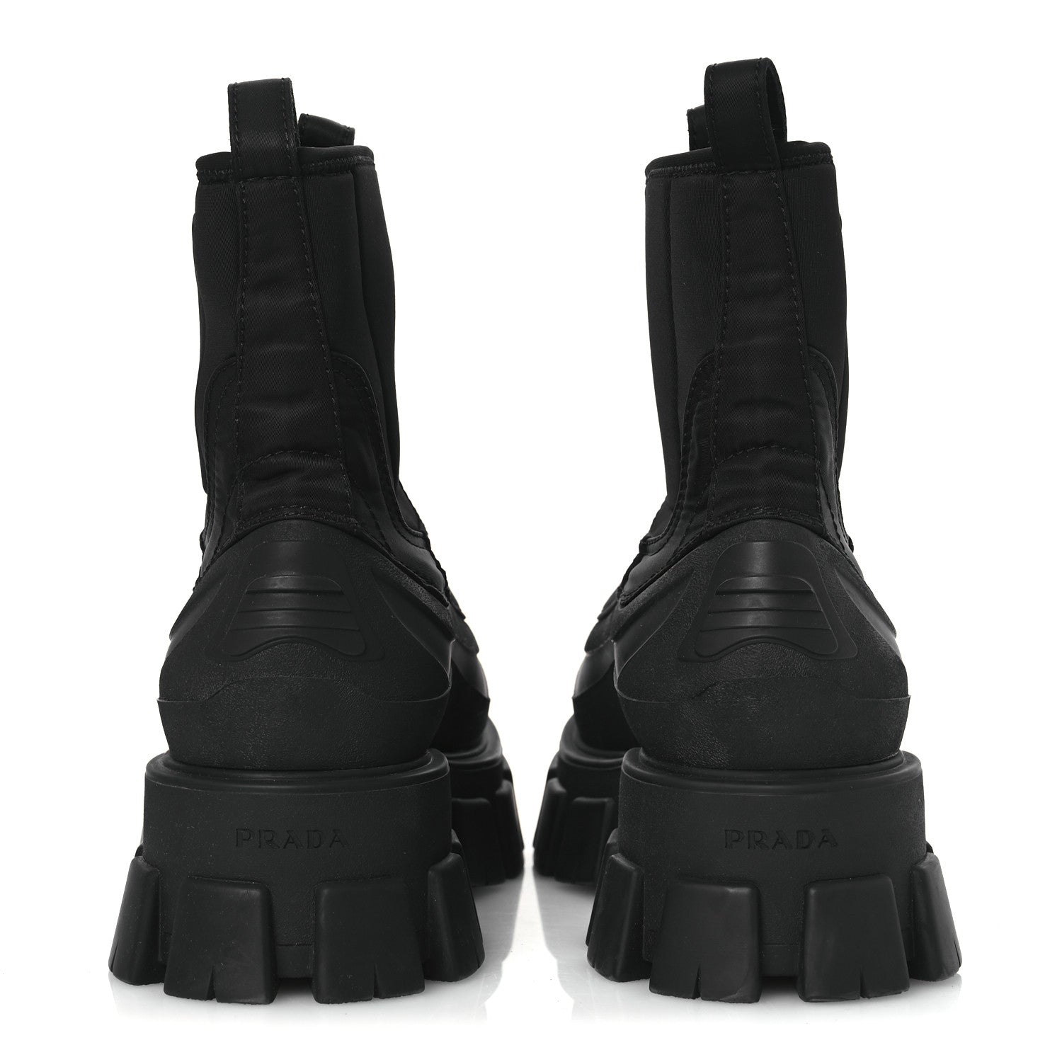 RE-NYLON GABARDINE RUBBER TRIANGLE LOGO WOMENS MONOLITH 55MM ANKLE BOOTS BLACK