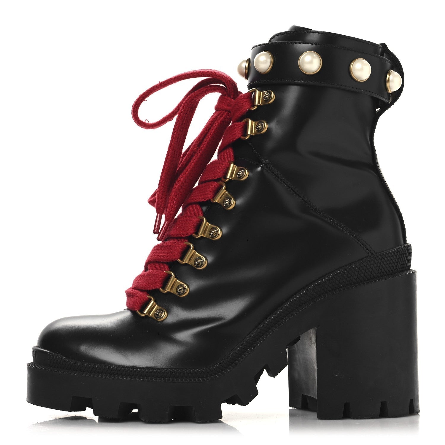 MAGNUM CALFSKIN PEARL LACE UP COMBAT ANKLE BOOTS BLACK