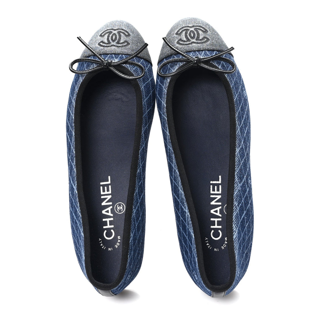 DENIM PRINTED QUILT CC CAP TOE BALLERINA FLATS NAVY BLUE DARK GREY
