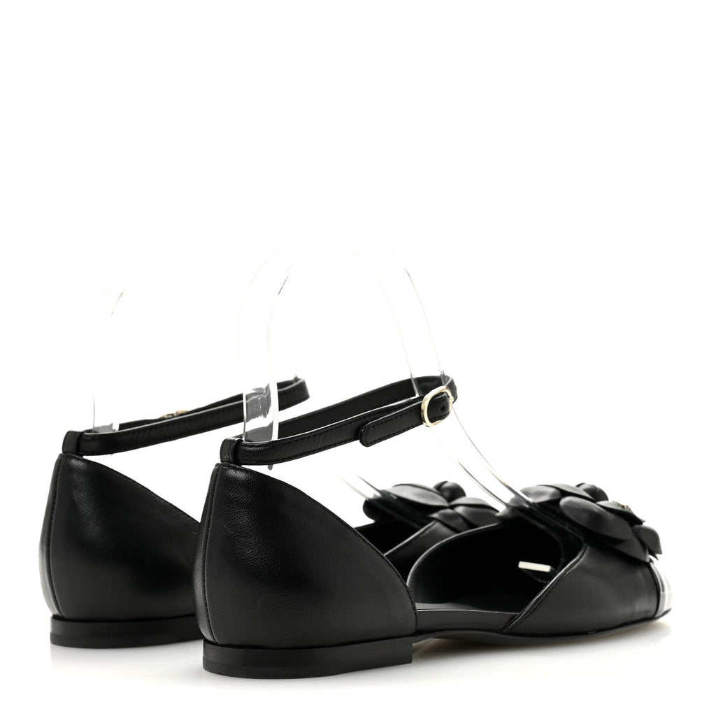 LAMBSKIN PATENT CALFSKIN CAP TOE CAMELLIA MARY JANE FLATS BLACK