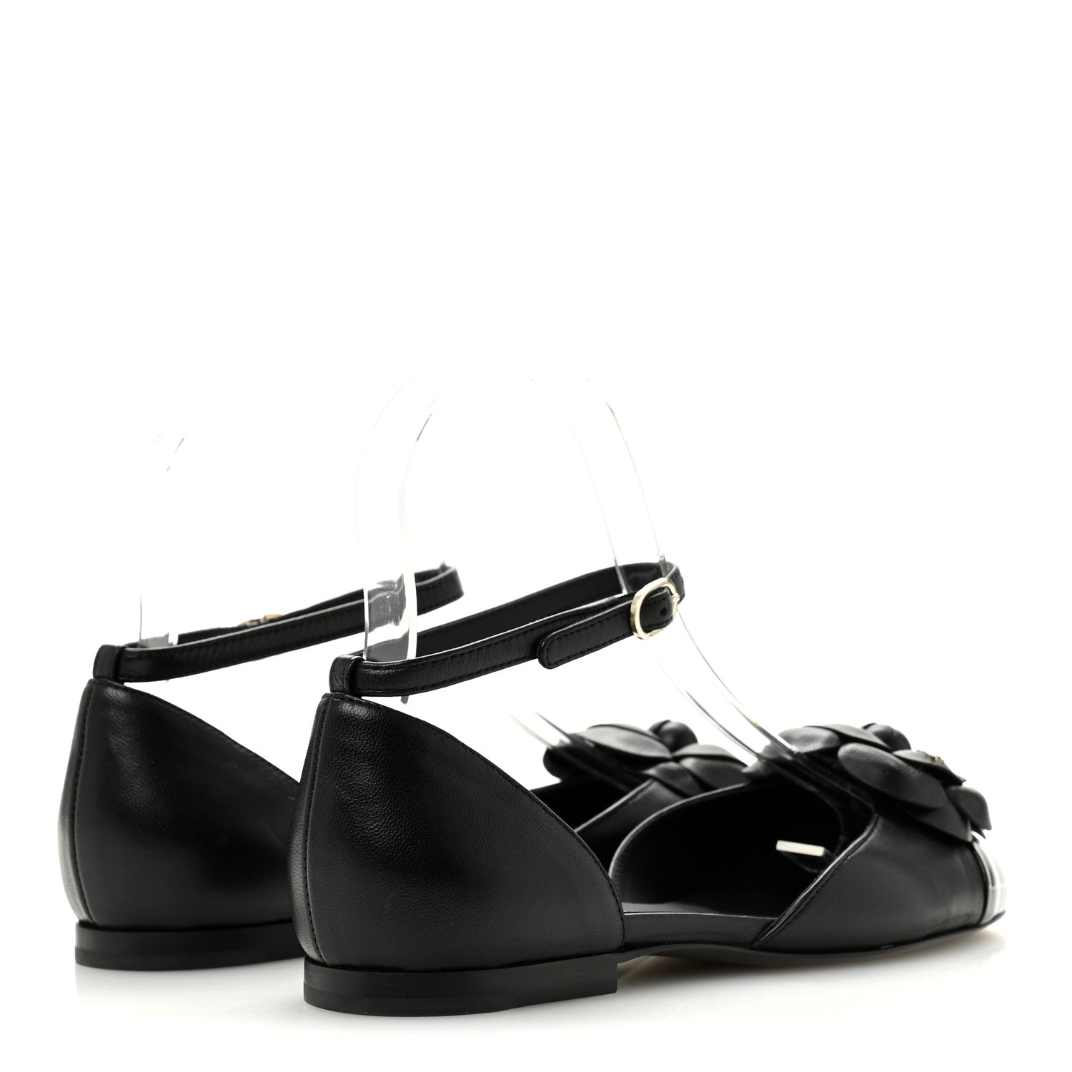 LAMBSKIN PATENT CALFSKIN CAP TOE CAMELLIA MARY JANE FLATS BLACK
