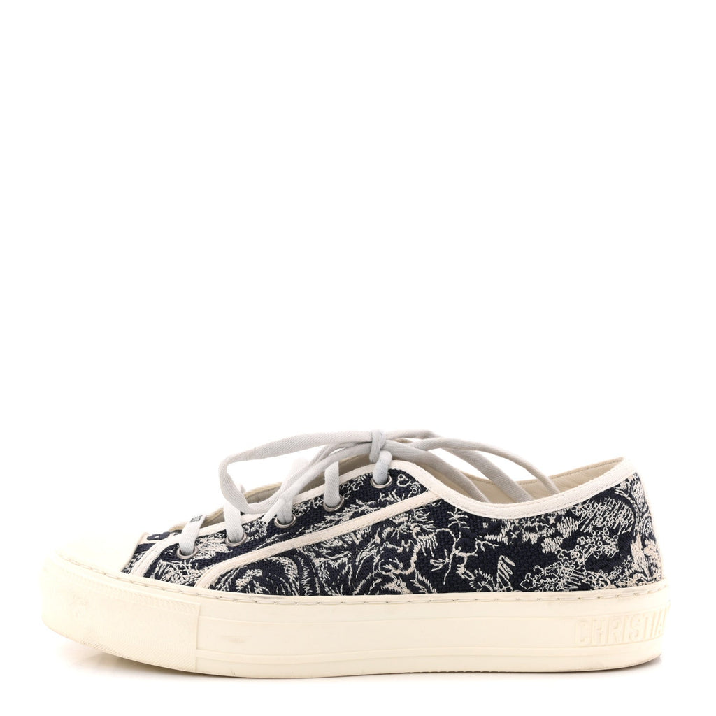 CANVAS TOILE DE JOUY EMBROIDERED WOMENS WALK'N'DIOR LOW TOP SNEAKERS BLUE OFF-WHITE