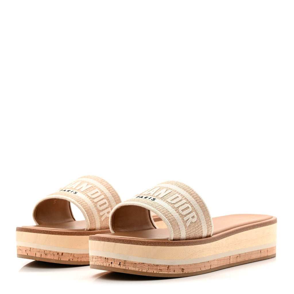 RAFFIA DIORIVIERA EMBROIDERED DWAY PLATFORM SLIDE SANDALS OFF WHITE