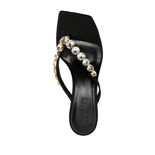 Versace 80 Satin Logo-Embellished Sandals - Black with crystals (different model - flat thong sandal)