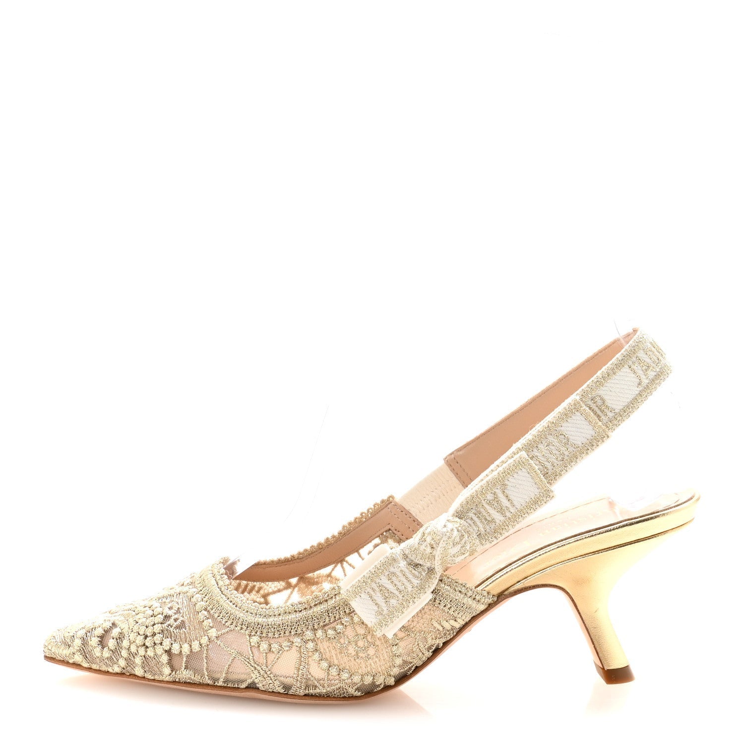 TRANSPARENT METALLIC EMBROIDERED MESH MACRAME CONSTANTINE EMBROIDERED J'ADIOR SLINGBACK 65MM PUMPS PALE GOLD