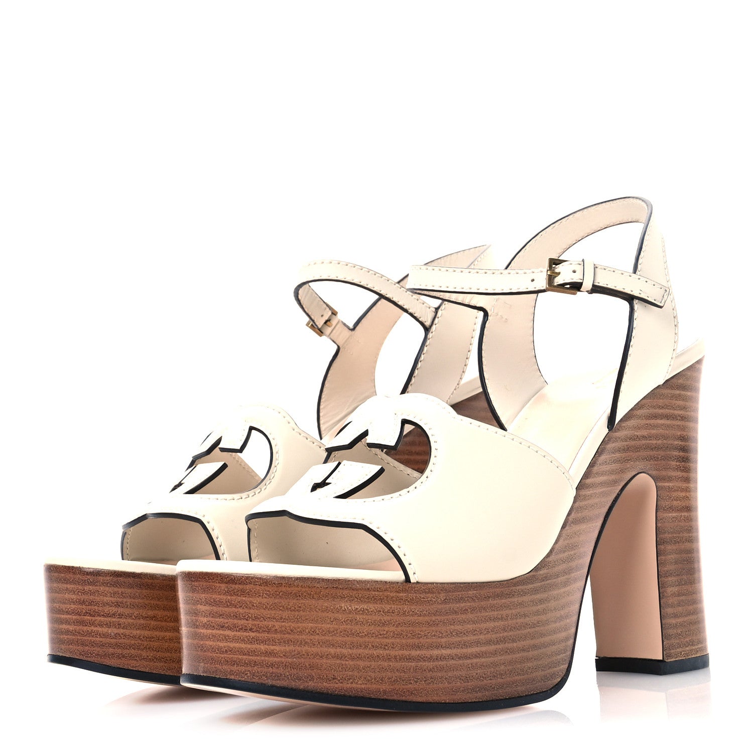 COSMOS SOFTY CALFSKIN WOODEN INTERLOCKING G CUT-OUT /120MM PLATFORM SANDALS MYSTIC WHITE