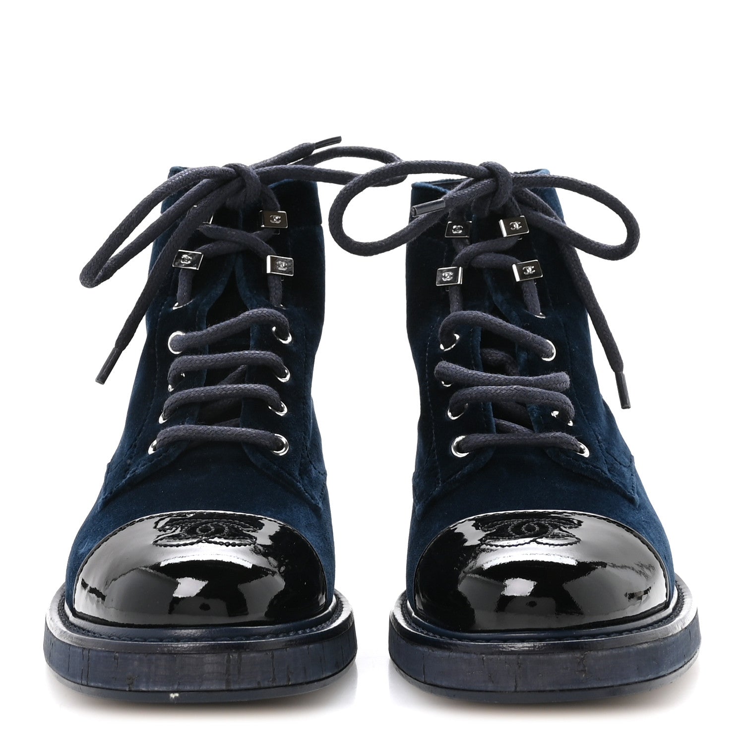 VELVET PATENT CALFSKIN LACE UP COMBAT BOOTS BLUE BLACK