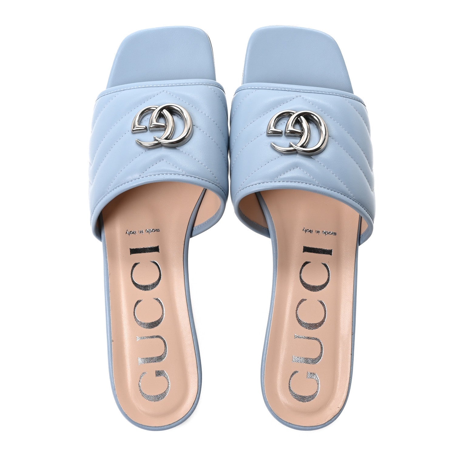 NAPPA MATELASSE GG MARMONT FLAT SLIDE SANDALS PORCELAIN LIGHT BLUE