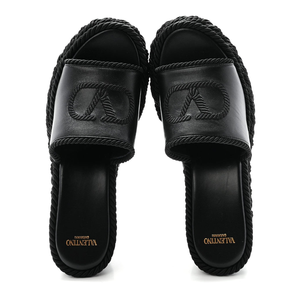 CALFSKIN SILK TORCHON VLOGO PLATFORM ESPADRILLE 100 WEDGE SANDALS BLACK