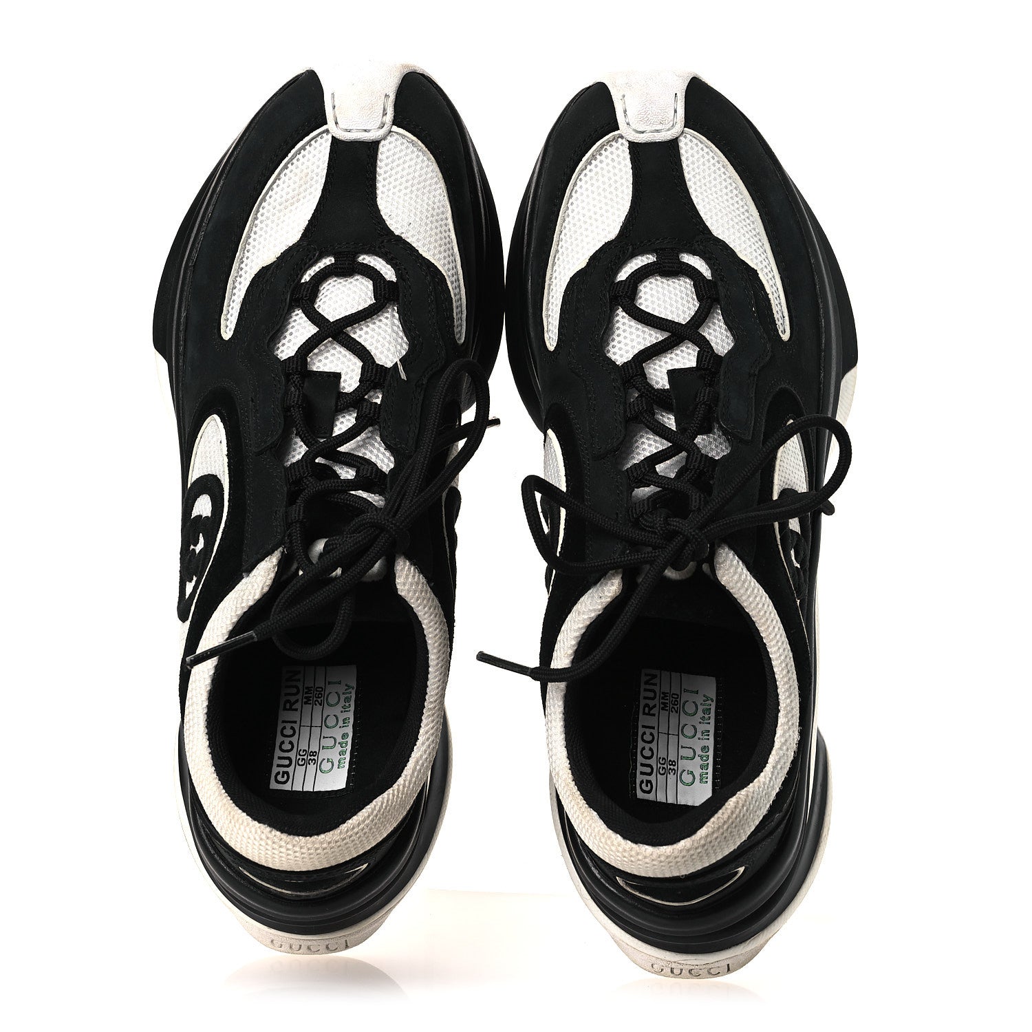 TECHNICAL KNIT FABRIC SUEDE CALFSKIN WOMENS GUCCI RUN SNEAKERS BLACK WHITE