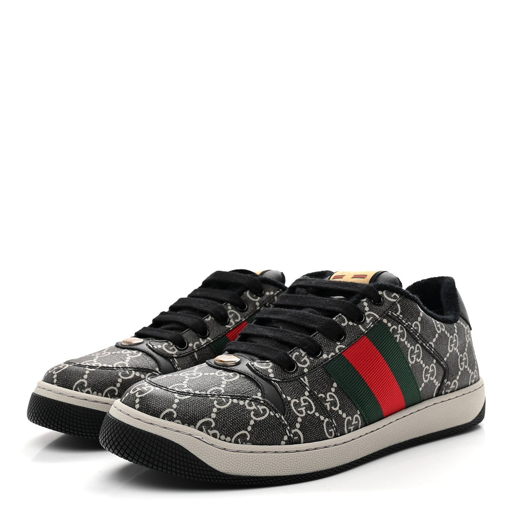 GG SUPREME MONOGRAM MIRO SOFT CALFSKIN WEB MENS SCREENER SNEAKERS BLACK GREY SKY