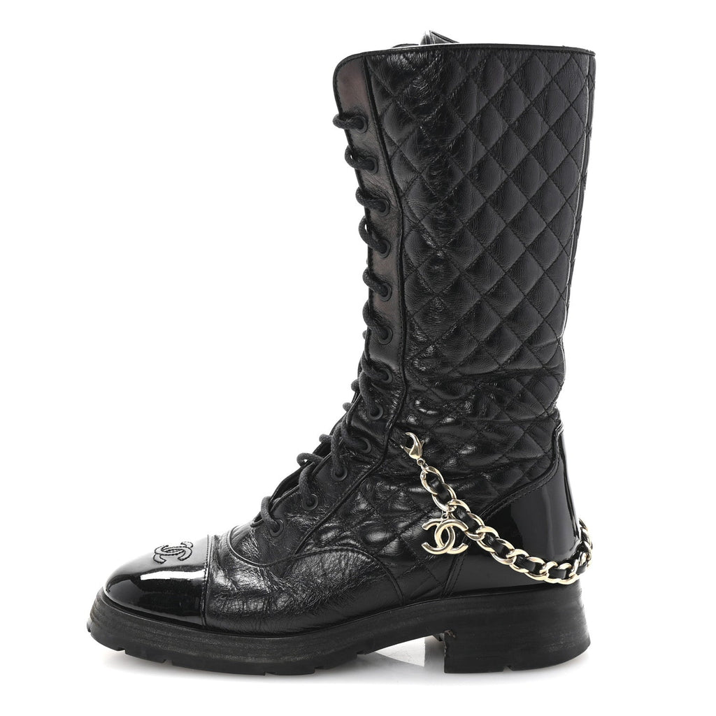 SHINY CALFSKIN PATENT QUILTED CHAIN LACE UP COMBAT LONG BOOTS BLACK