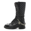 SHINY CALFSKIN PATENT QUILTED CHAIN LACE UP COMBAT LONG BOOTS BLACK