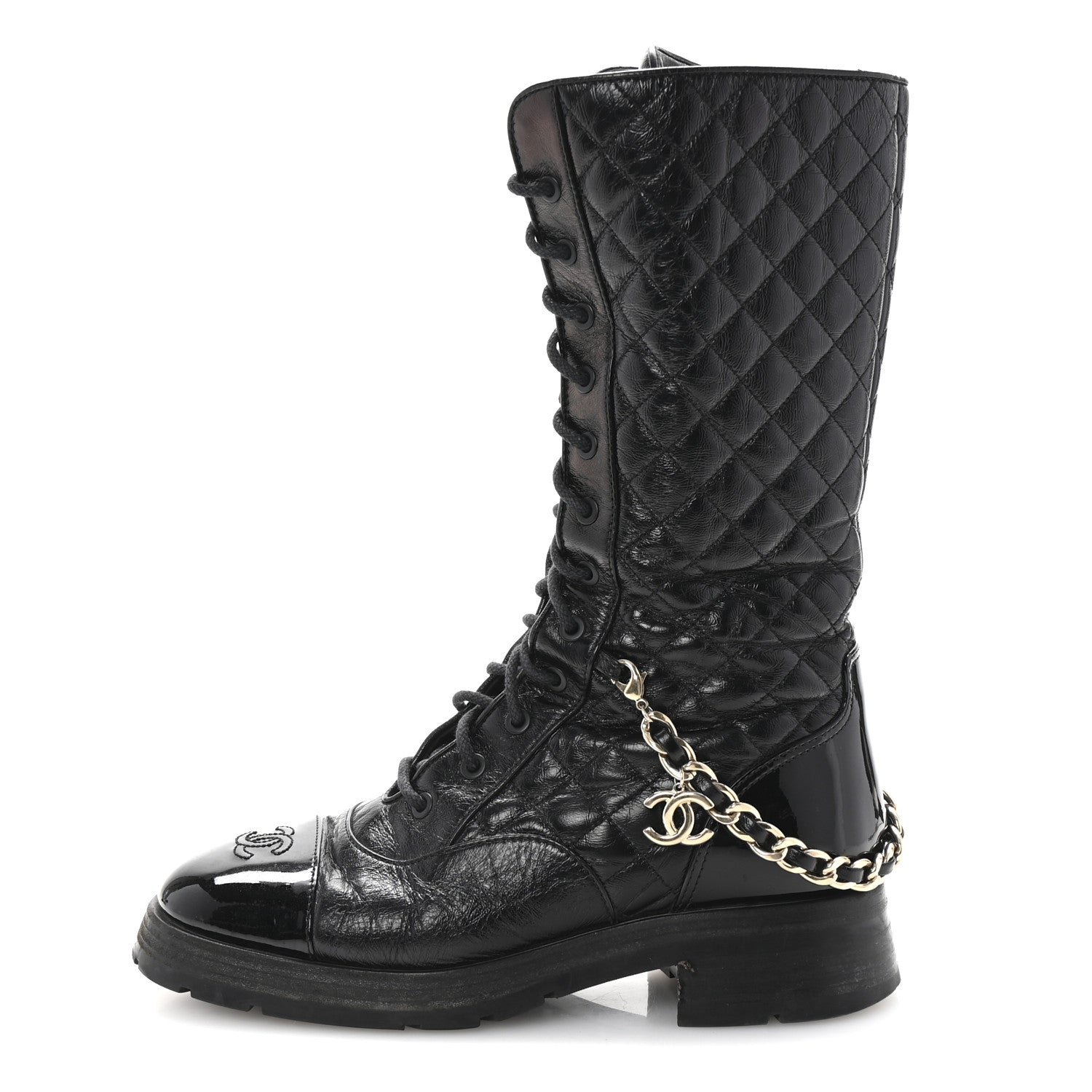 SHINY CALFSKIN PATENT QUILTED CHAIN LACE UP COMBAT LONG BOOTS BLACK