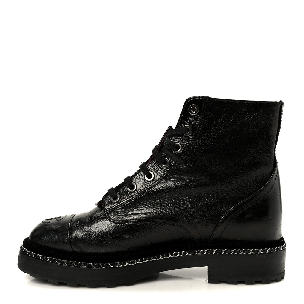 CRACKLED CALFSKIN VELVET PEARL COMBAT SHORT BOOTS BLACK