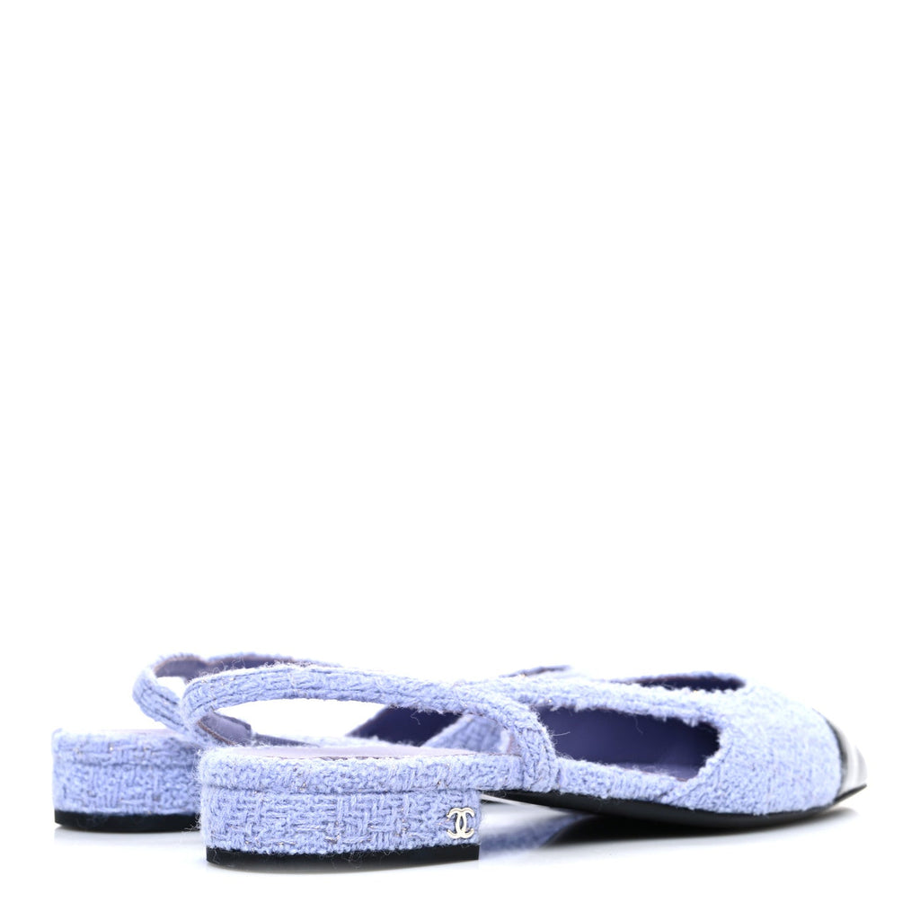IRIDESCENT WOOL TWEED PATENT CAP TOE CC SLINGBACK FLATS LIGHT PURPLE SILVER BLACK