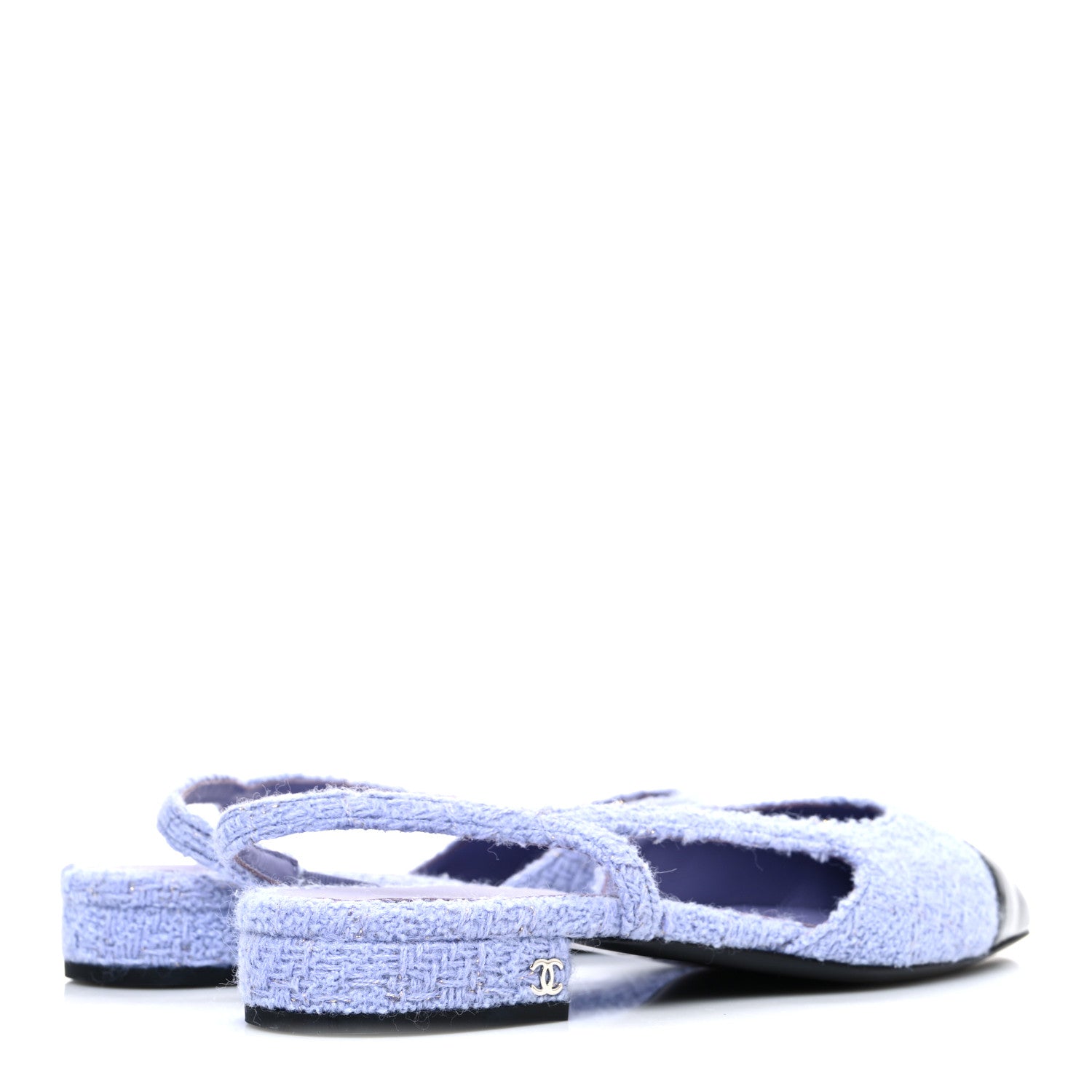 IRIDESCENT WOOL TWEED PATENT CAP TOE CC SLINGBACK FLATS LIGHT PURPLE SILVER BLACK