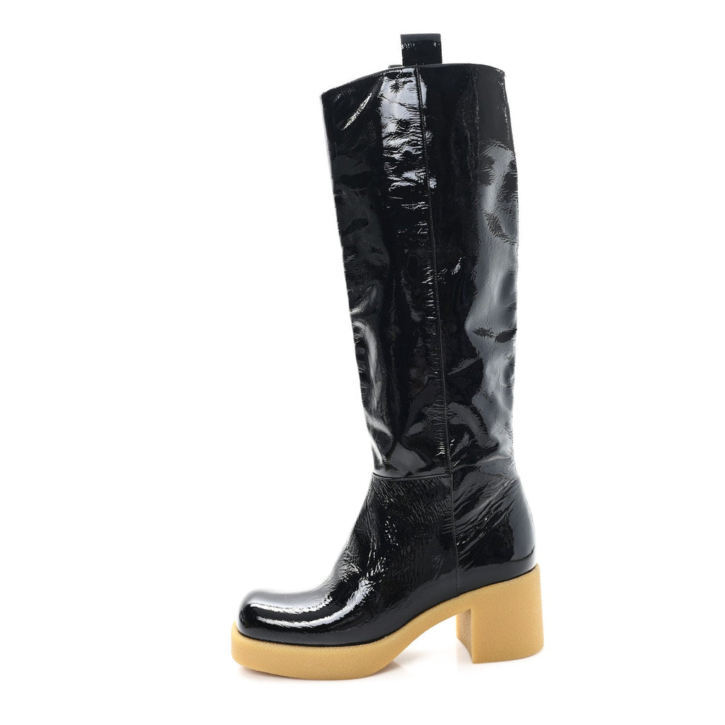 CRINKLED PATENT CALFSKIN KNEE HIGH BOOTS BLACK