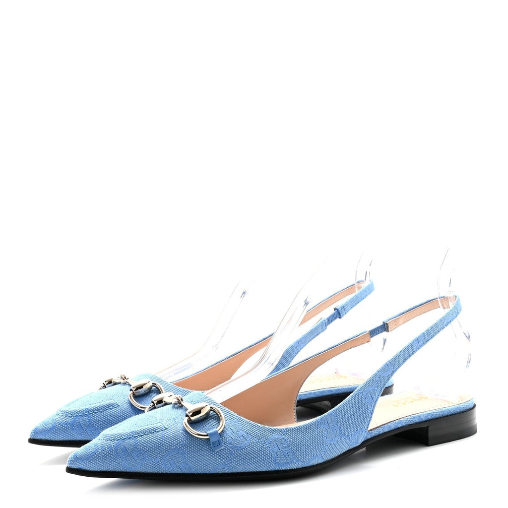 CANVAS GG MONOGRAM HORSEBIT WOMENS SLINGBACK BALLET FLAT LIGHT BLUE
