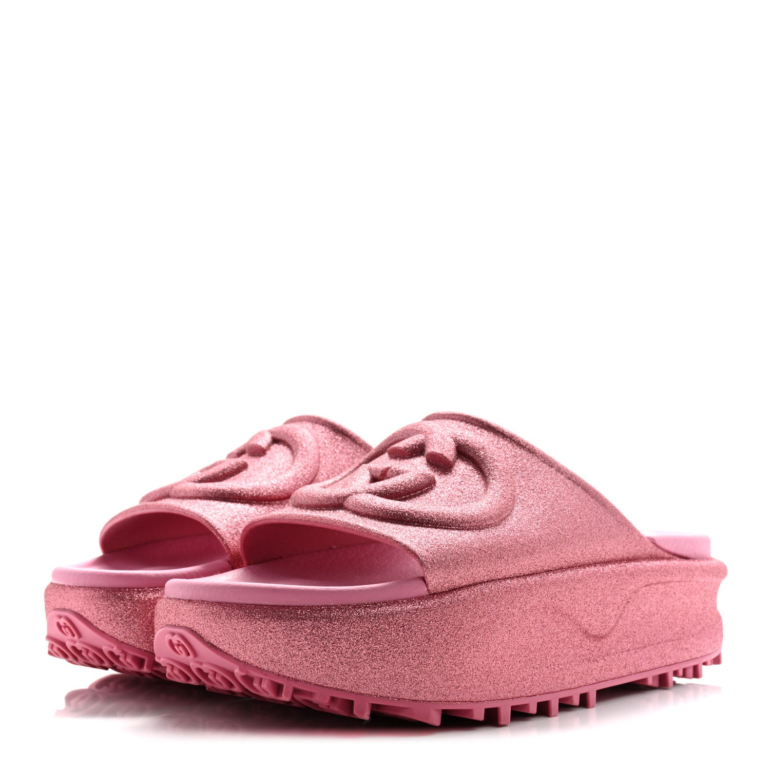 GLITTER RUBBER WOMENS INTERLOCKING G PLATFORM 42MM SLIDE SANDALS ROSE