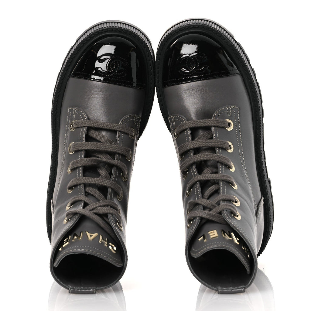 CALFSKIN PATENT CALFSKIN CC LACE UP COMBAT BOOTS GRAY BLACK