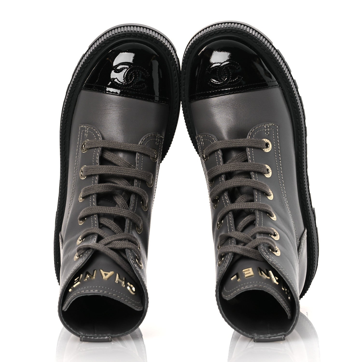 CALFSKIN PATENT CALFSKIN CC LACE UP COMBAT BOOTS GRAY BLACK
