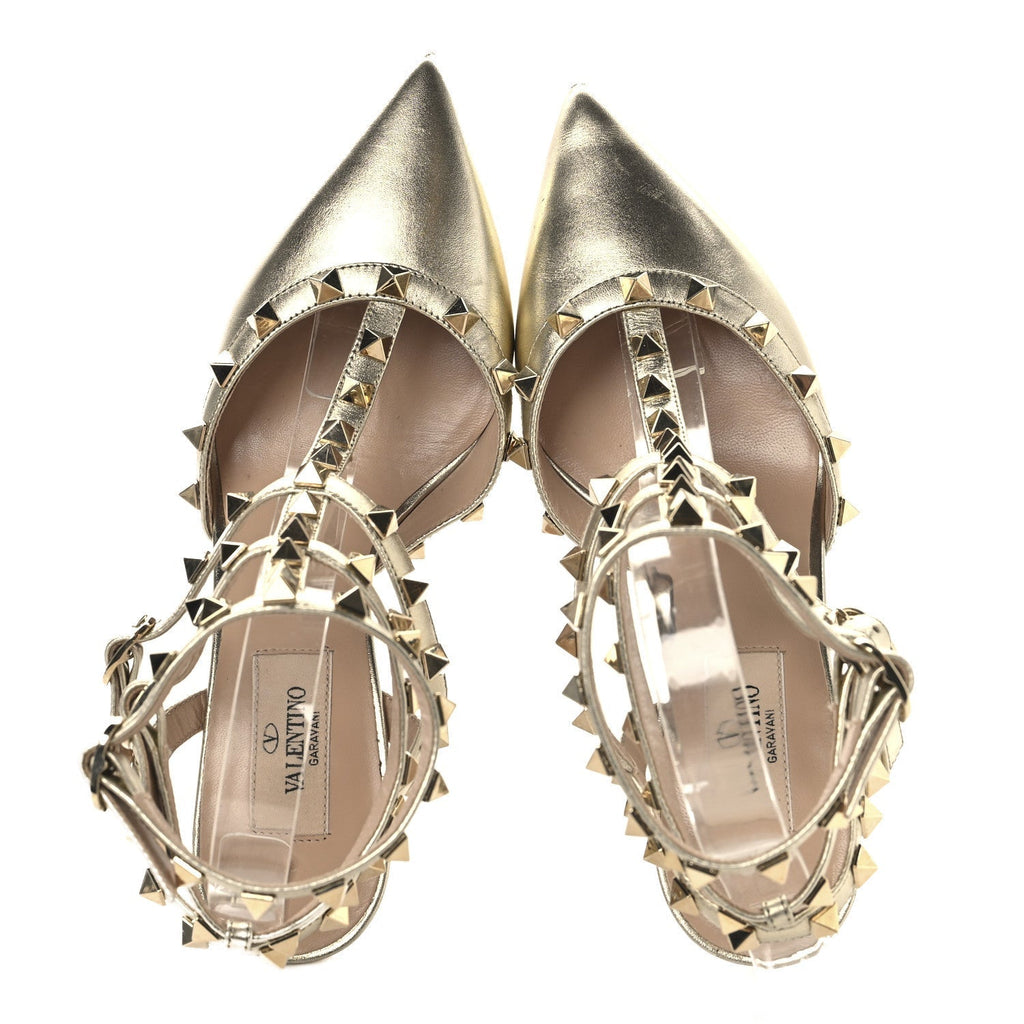 METALLIC NAPPA ROCKSTUD ANKLE STRAP 65MM PUMPS GOLD