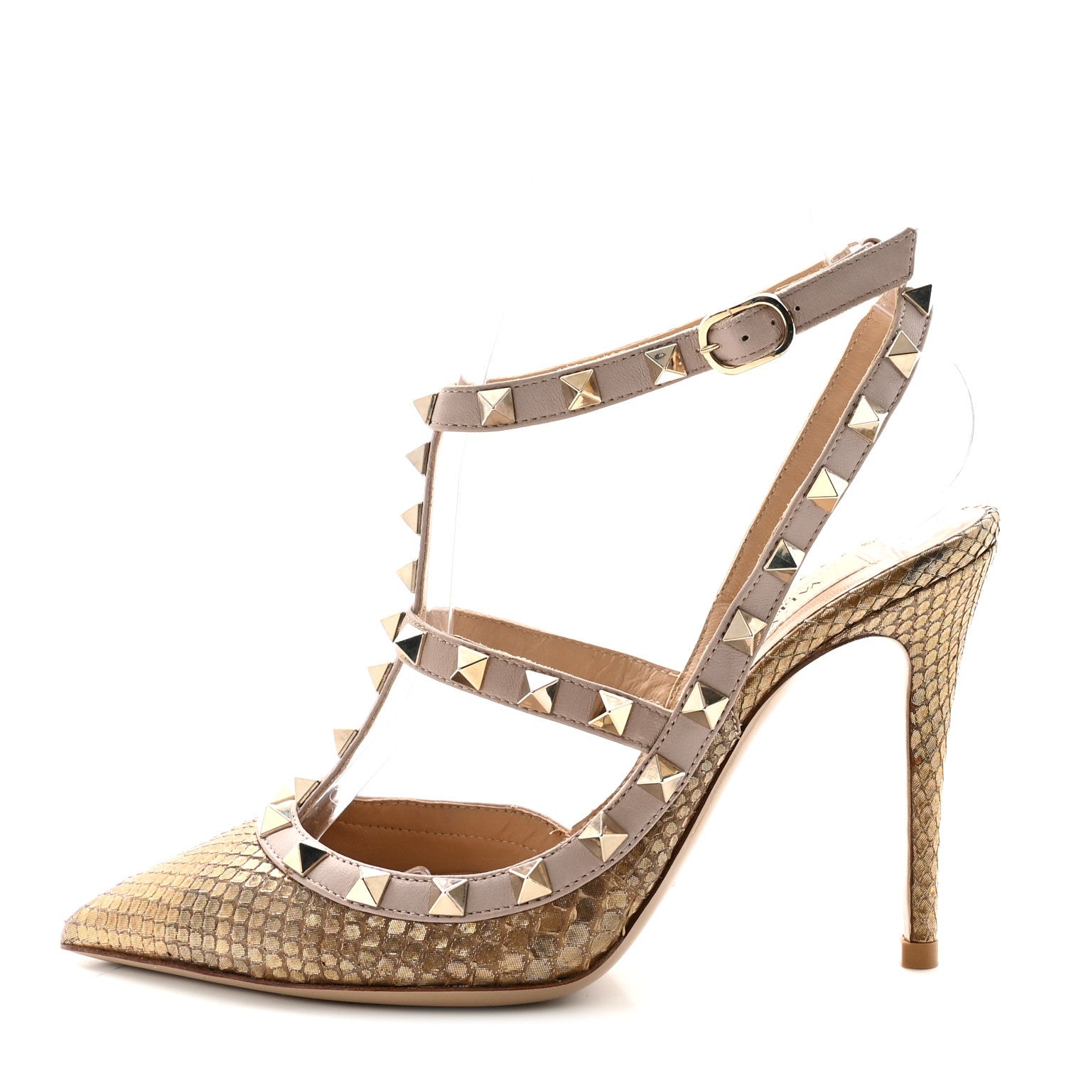 METALLIC ELAPHE ROCKSTUD ANKLE STRAP 100MM PUMPS GOLD POUDRE