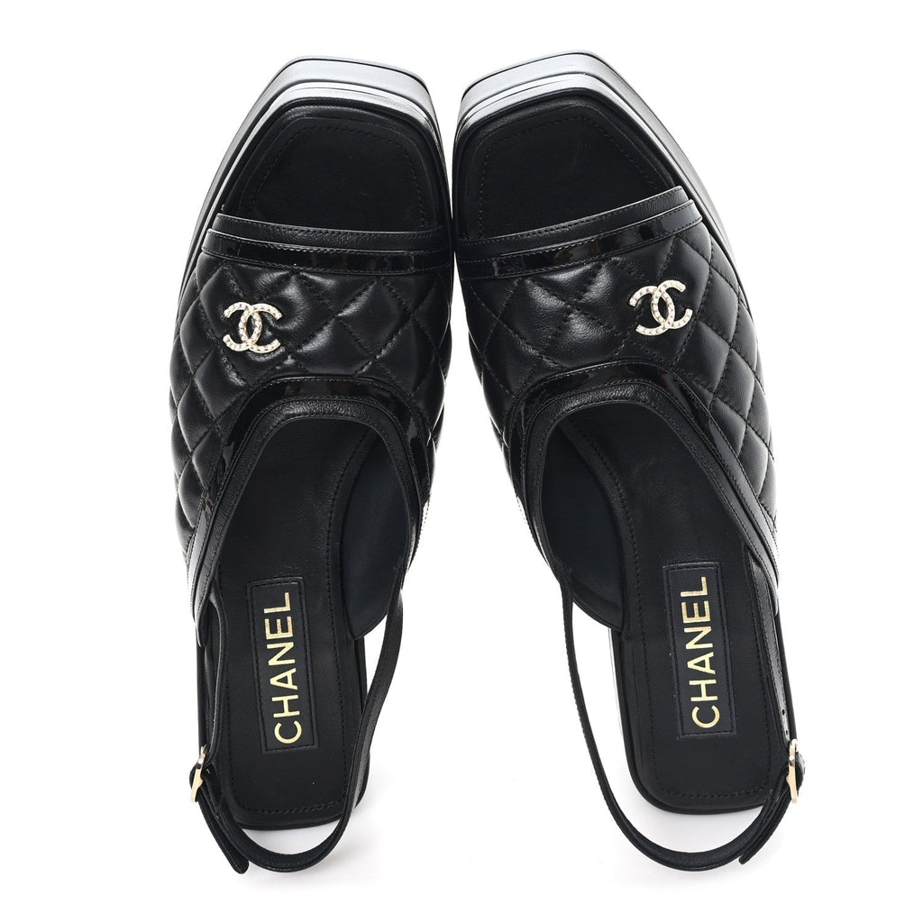 LAMBSKIN PATENT QUILTED CC PLATFORM SANDALS BLACK
