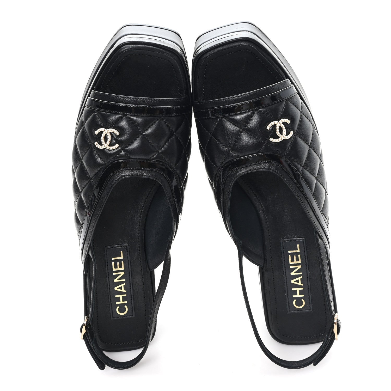 LAMBSKIN PATENT QUILTED CC PLATFORM SANDALS BLACK