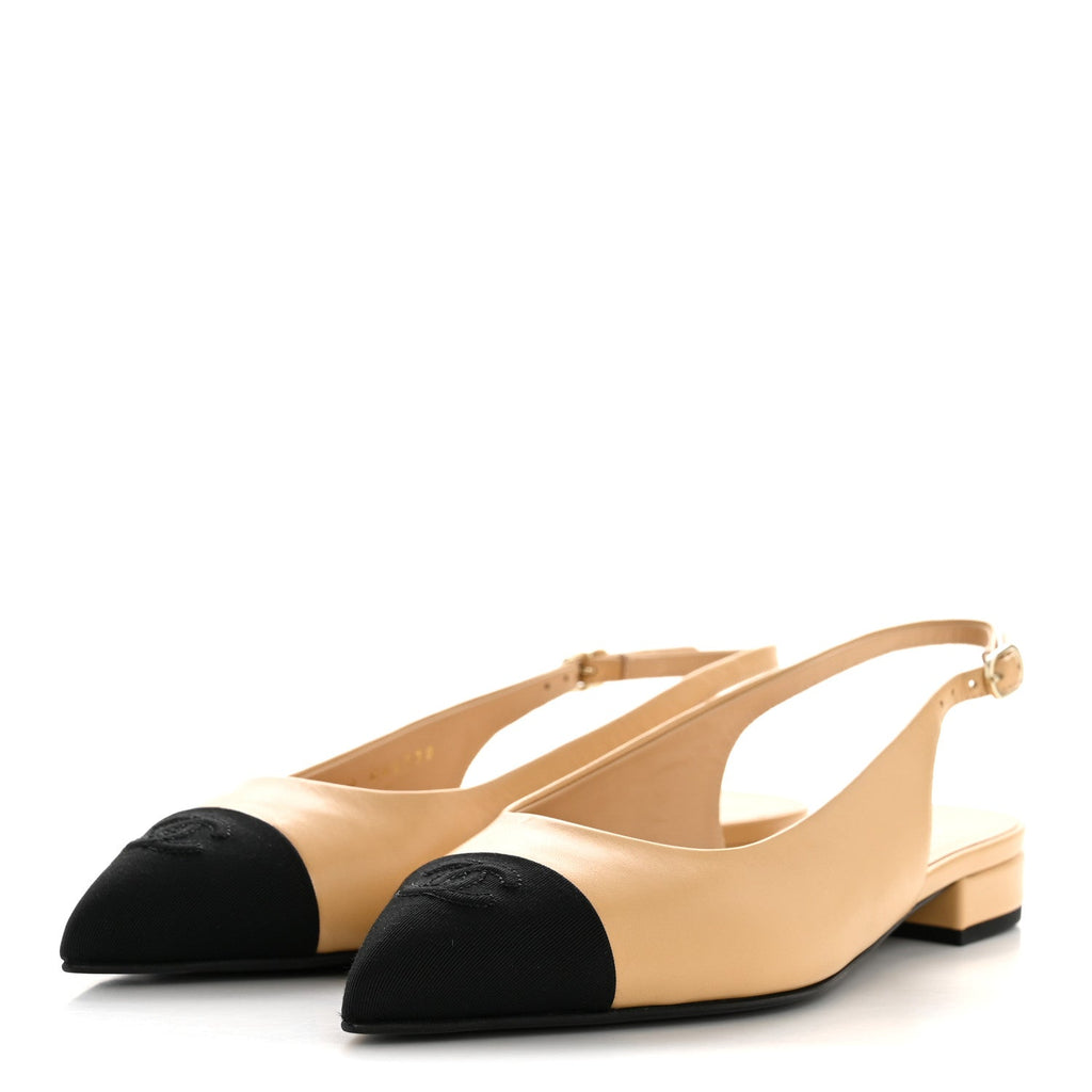 GOATSKIN GROSGRAIN POINTED TOE CC SLINGBACK FLATS BEIGE BLACK
