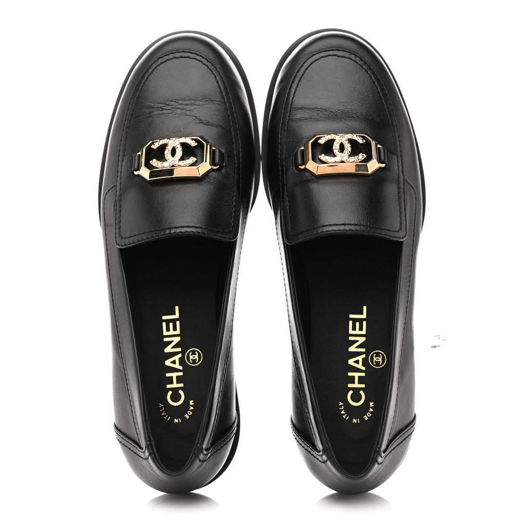 SHINY CALFSKIN METAL CC MOCASSIN LOAFERS BLACK